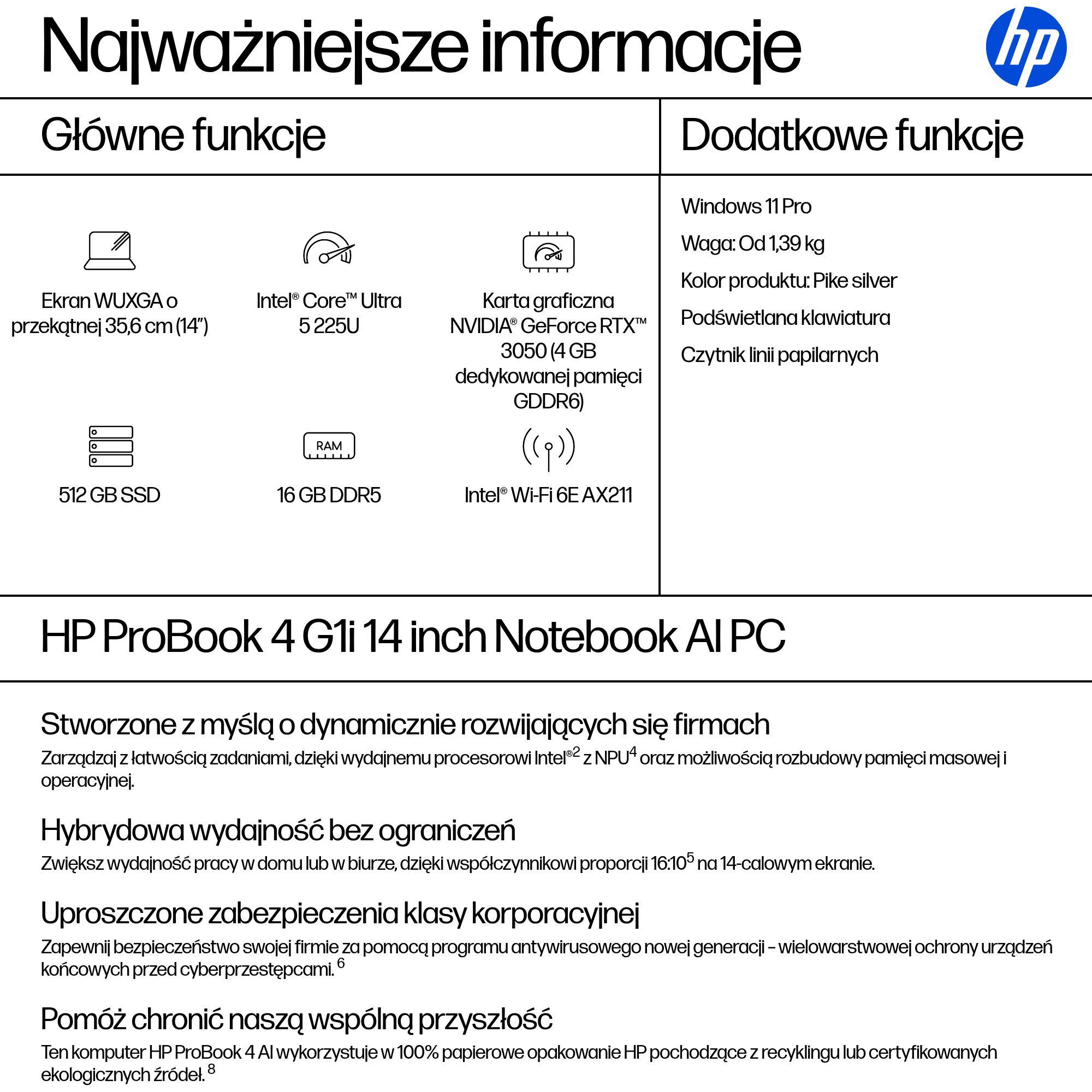 HP ProBook 4 G1i AI Intel Core Ultra 5 225U Laptop 35,6 cm (14") WUXGA 16 GB DDR5-SDRAM 512 GB SSD Wi-Fi 6E (802.11ax) Windows 11 Pro AI PC Srebrny - obrazek 3