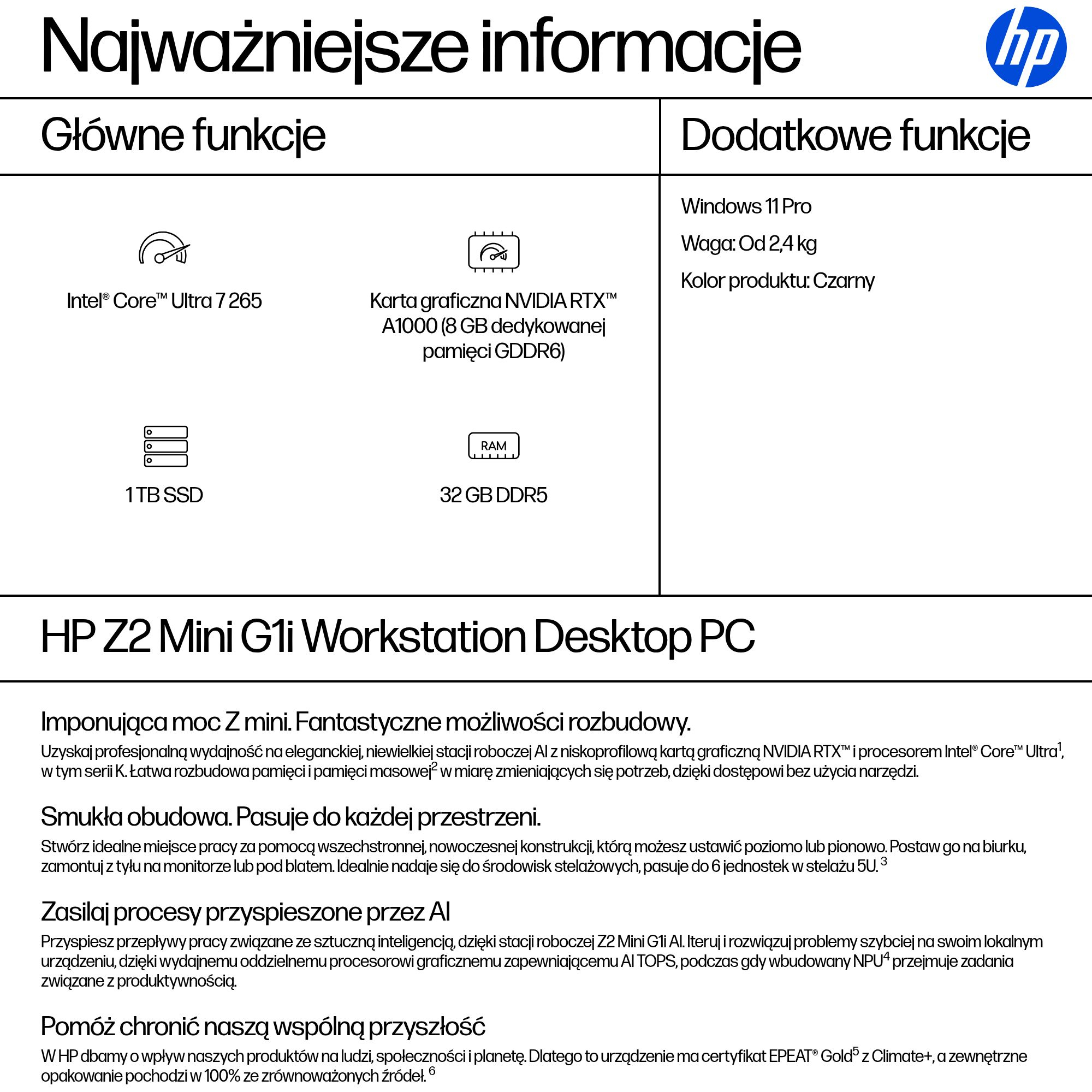 HP Z2 G1i Intel Core Ultra 7 265 32 GB DDR5-SDRAM 1 TB SSD NVIDIA RTX A1000 Windows 11 Pro Mini PC Stanowisko AI Workstation, AI PC Czarny - obrazek 3