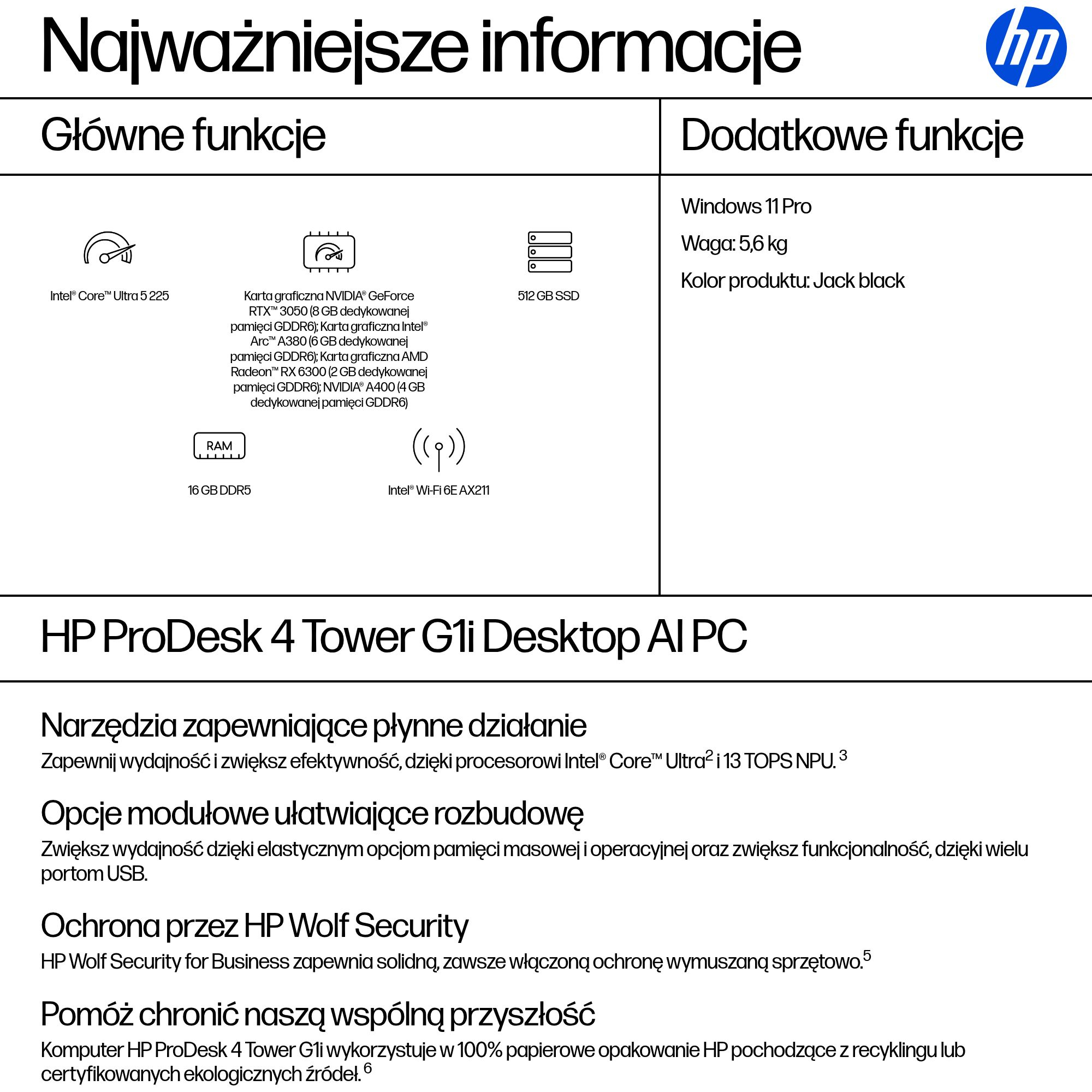 HP ProDesk 4 Tower G1i Desktop AI PC Intel Core Ultra 5 225 16 GB DDR5-SDRAM 512 GB SSD Windows 11 Pro Czarny - obrazek 3
