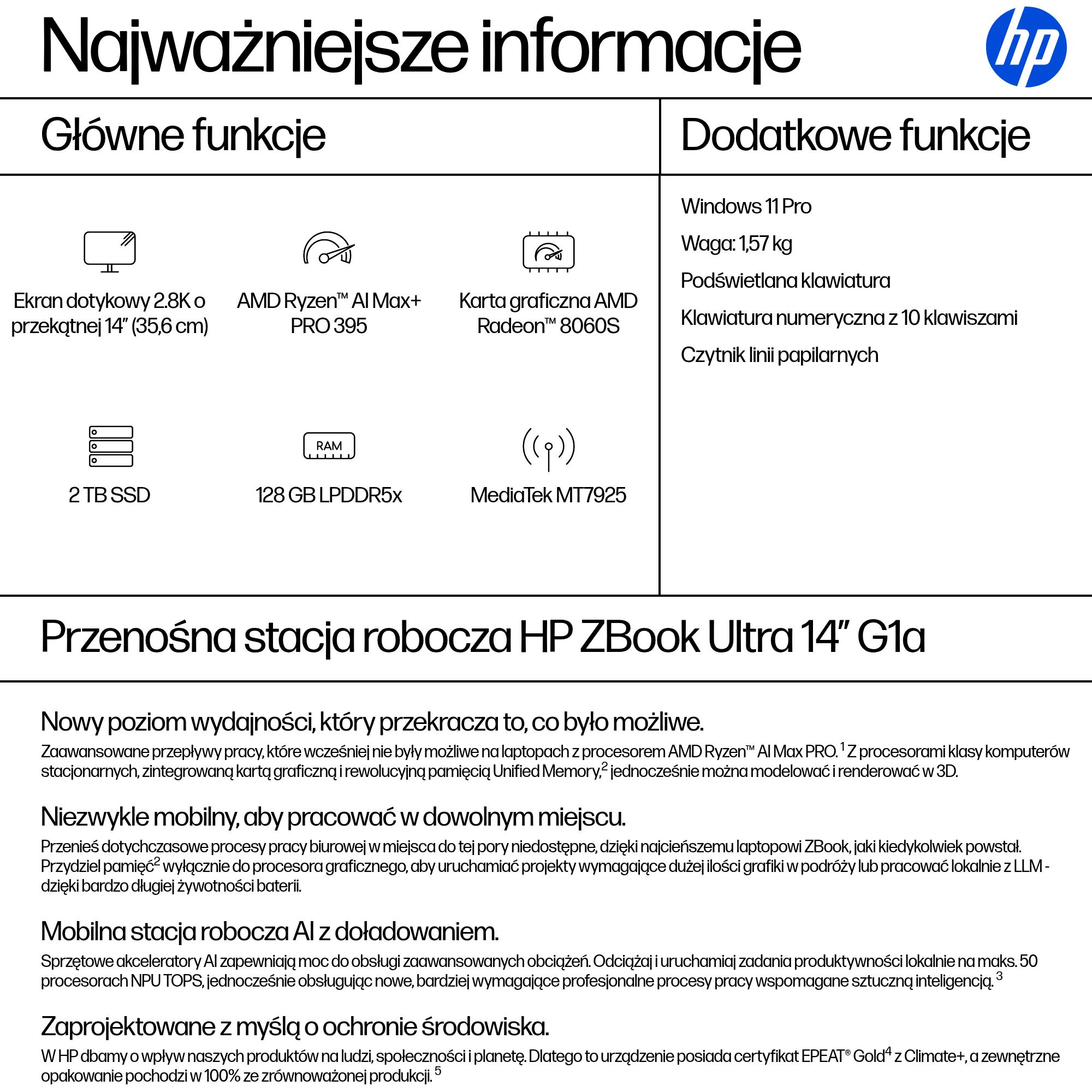 HP ZBook Ultra G1a Copilot+ PC AMD Ryzen AI Max+ PRO 395 Mobilna stacja robocza 35,6 cm (14") Ekran dotykowy 2.8K 128 GB LPDDR5x-SDRAM 2 TB SSD Wi-Fi 7 (802.11be) Windows 11 Pro AI Workstation, AI PC Srebrny - obrazek 4