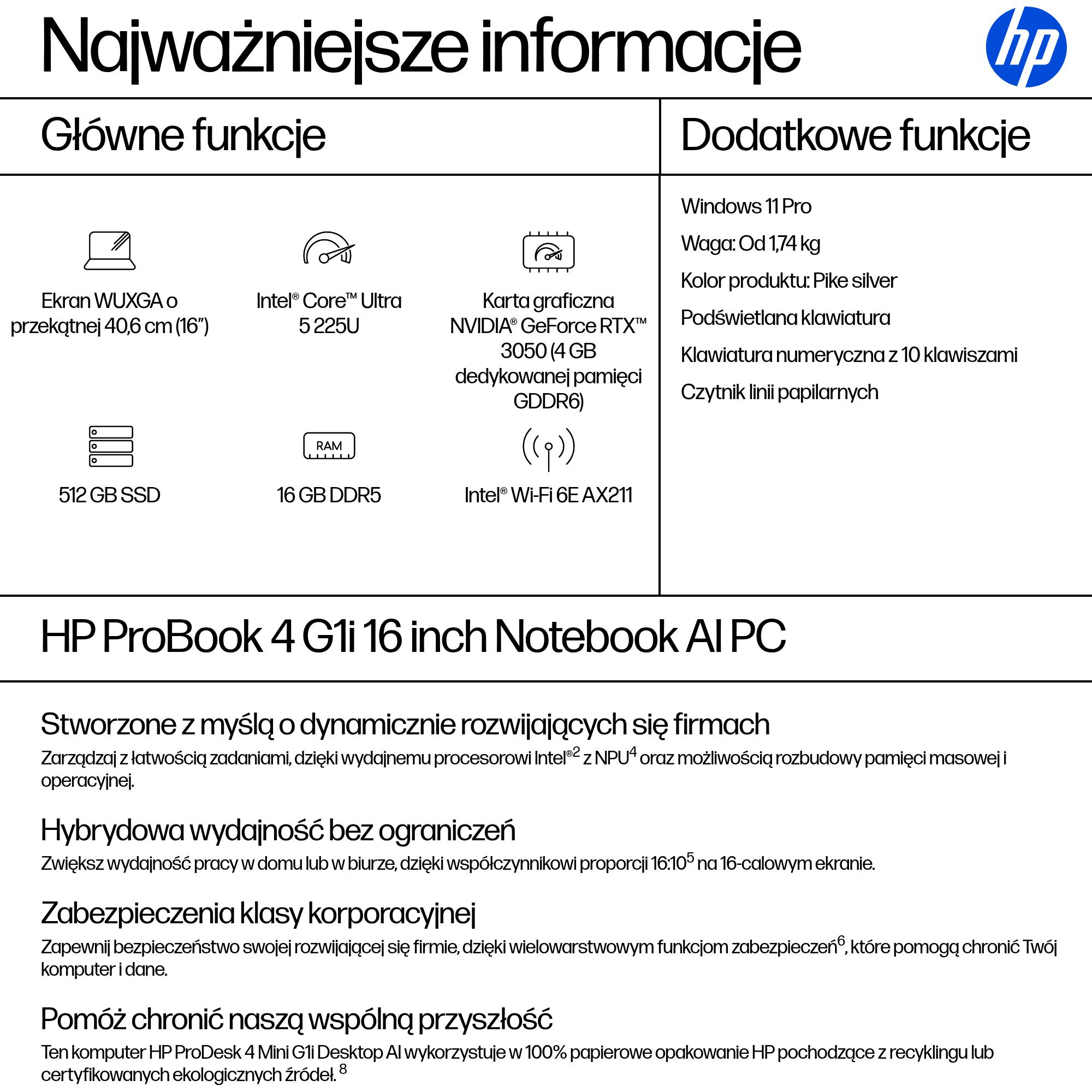 HP ProBook 4 G1i AI Intel Core Ultra 5 225U Laptop 40,6 cm (16") WUXGA 16 GB DDR5-SDRAM 512 GB SSD Wi-Fi 6E (802.11ax) Windows 11 Pro AI PC Srebrny - obrazek 4