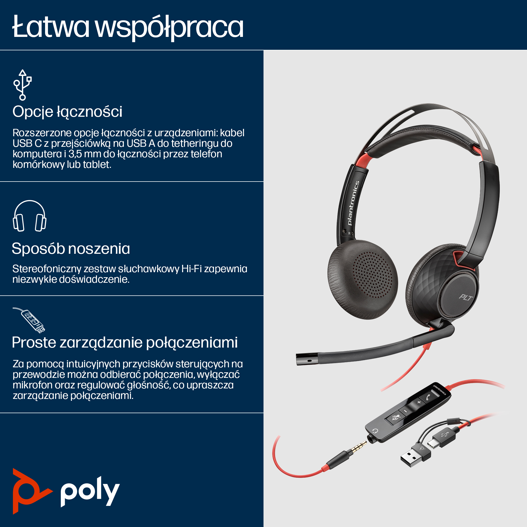 HP Poly Zestaw słuchawkowy Poly Blackwire 5220 Stereo USB-C + wtyczka 3,5 mm + przejściówka USB-C/A - obrazek 2